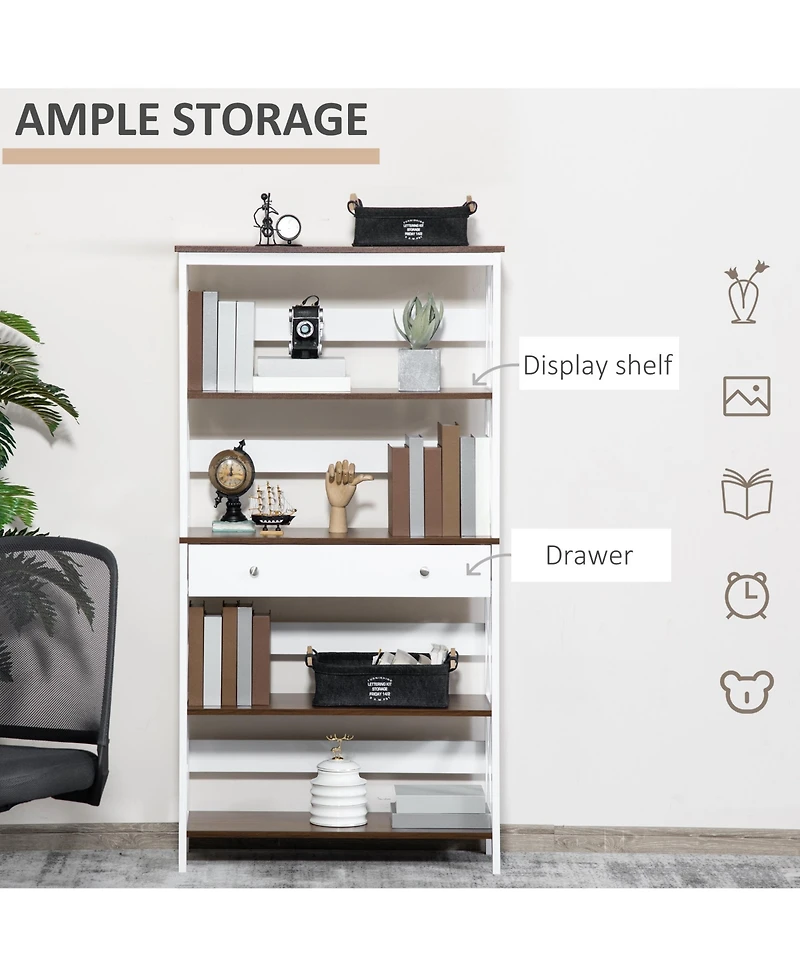 Homcom 4-Tier Shelving Bookcase Storage Cupboard with Pull Out Drawer, White