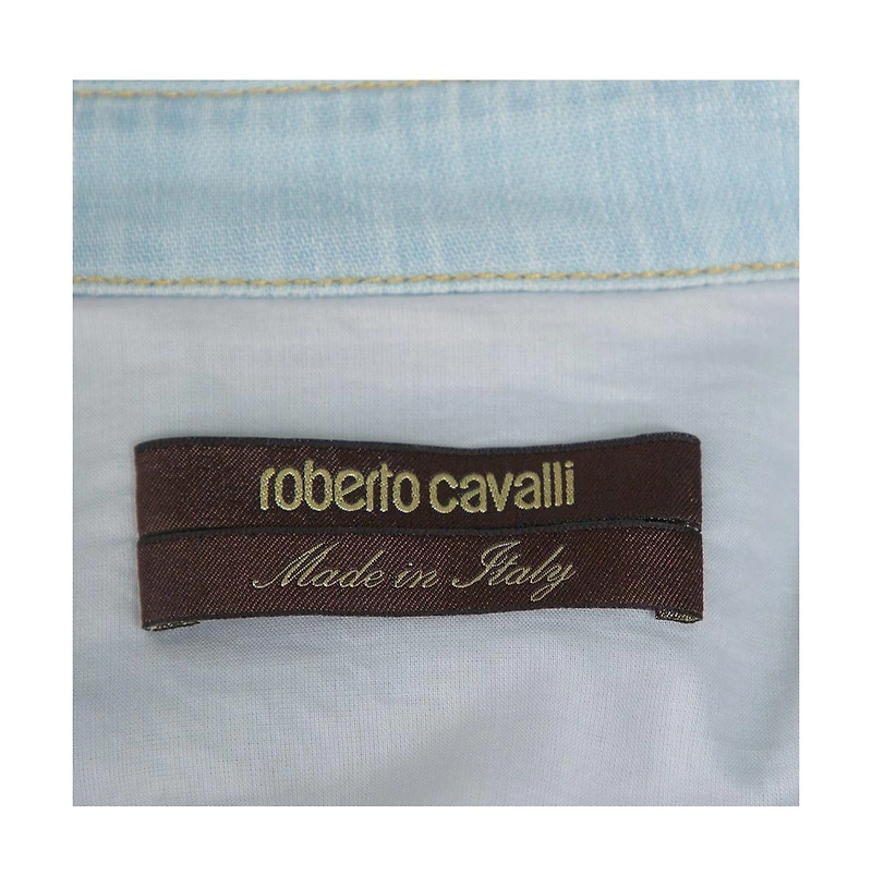 Pre-Owned Roberto Cavalli Women's Light Blue Distressed Denim Patch Detail Shirt