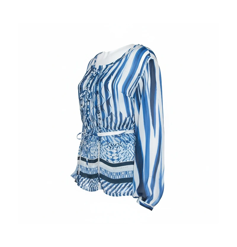 Pre-Owned Roberto Cavalli Women's Blue And White Deco Print Silk Tie Up Blouse