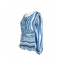 Pre-Owned Roberto Cavalli Women's Blue And White Deco Print Silk Tie Up Blouse