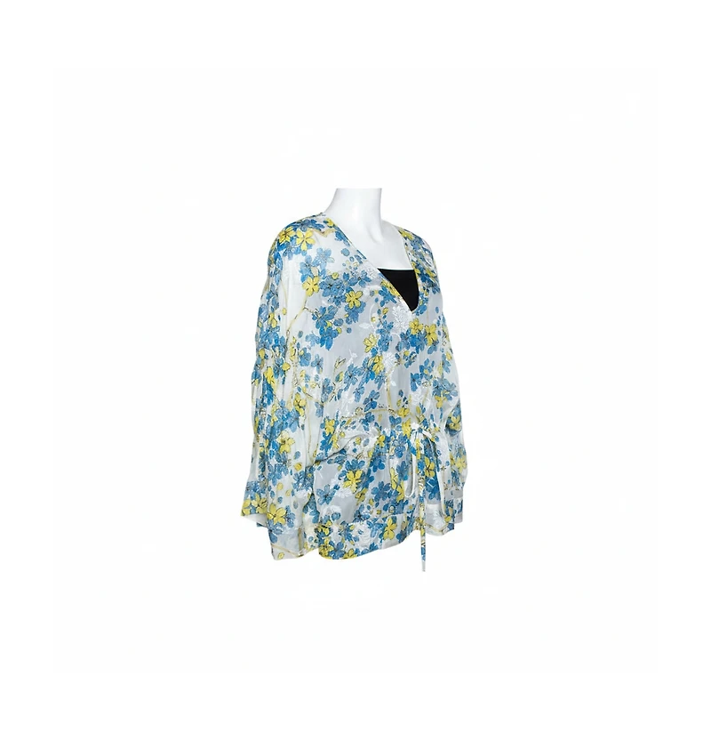 Pre-Owned Roberto Cavalli Women's Blue & White Floral Print Silk Sheer Kaftan Top