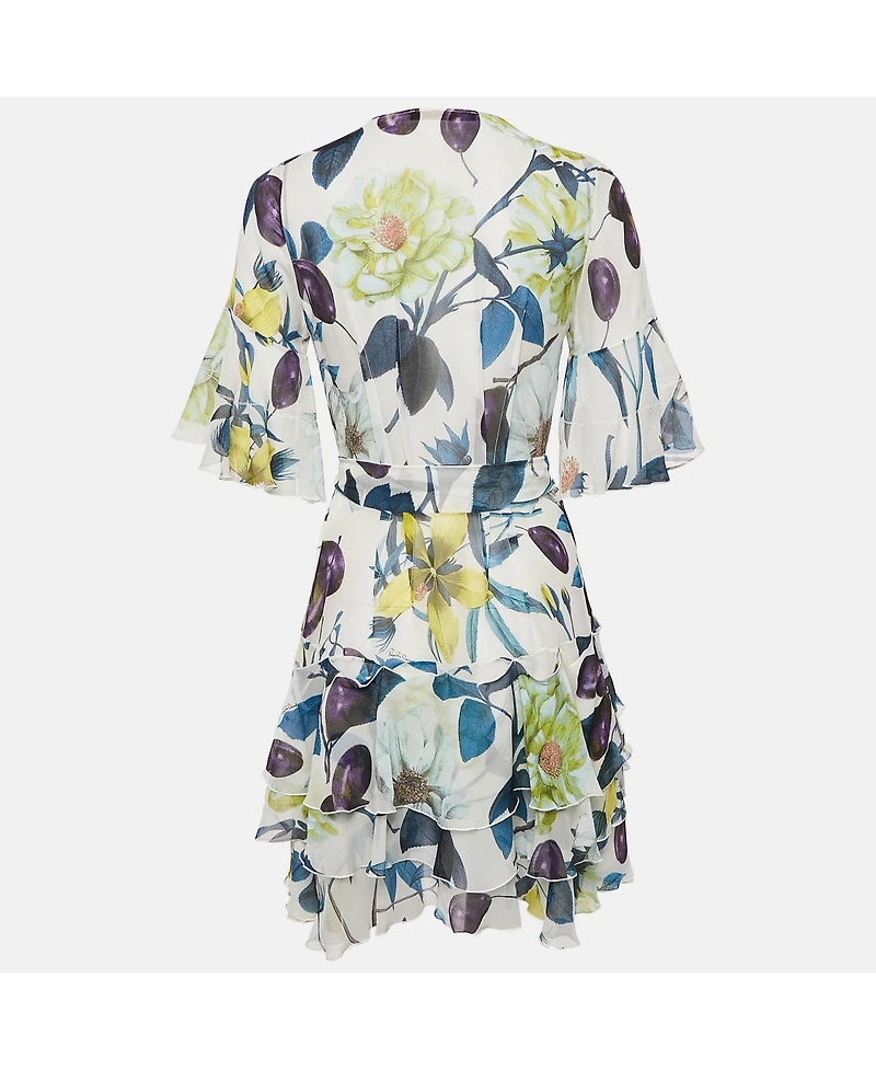 Pre-Owned Roberto Cavalli Women's Multicolor Floral Print Silk Ruffle Belted Dress