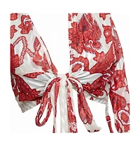 Pre-Owned Roberto Cavalli Women's Ivory & Red Printed Silk Neck Tie Detail Blouse