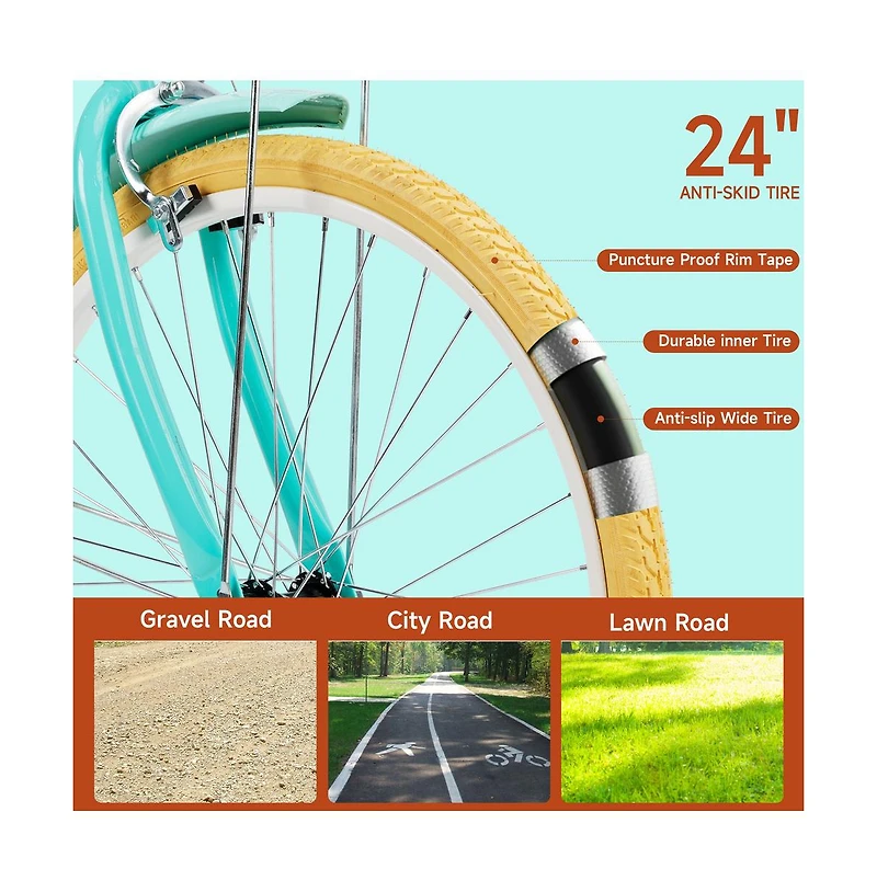 Artudatech 24-inch Cruiser Bike with Low-Step Frame, Shock-Absorbing Tires, and Dual Brakes