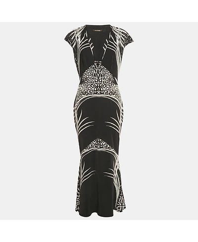 Pre-Owned Roberto Cavalli Women's Black Printed Jersey Brocch Detail Maxi Dress