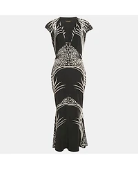 Pre-Owned Roberto Cavalli Women's Black Printed Jersey Brocch Detail Maxi Dress