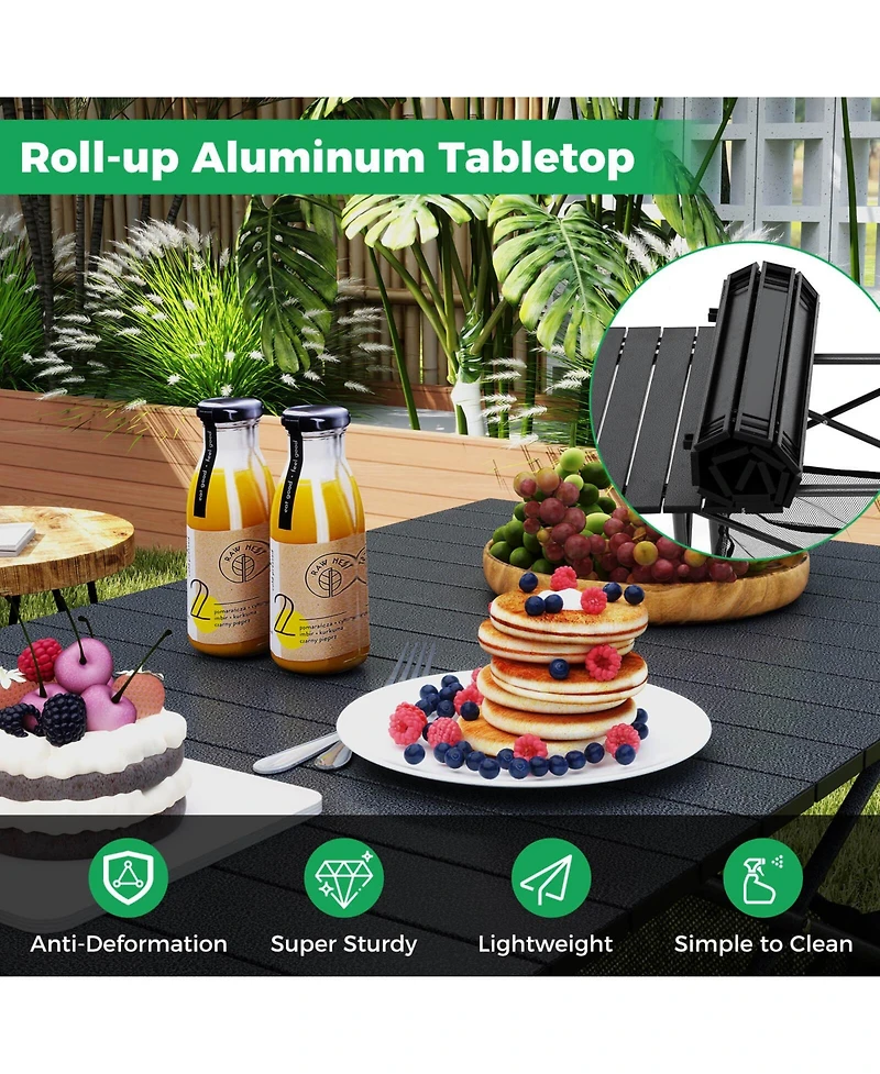 Costway Patio Folding Camping Table with Aluminum Roll-up Tabletop & Mesh Basket