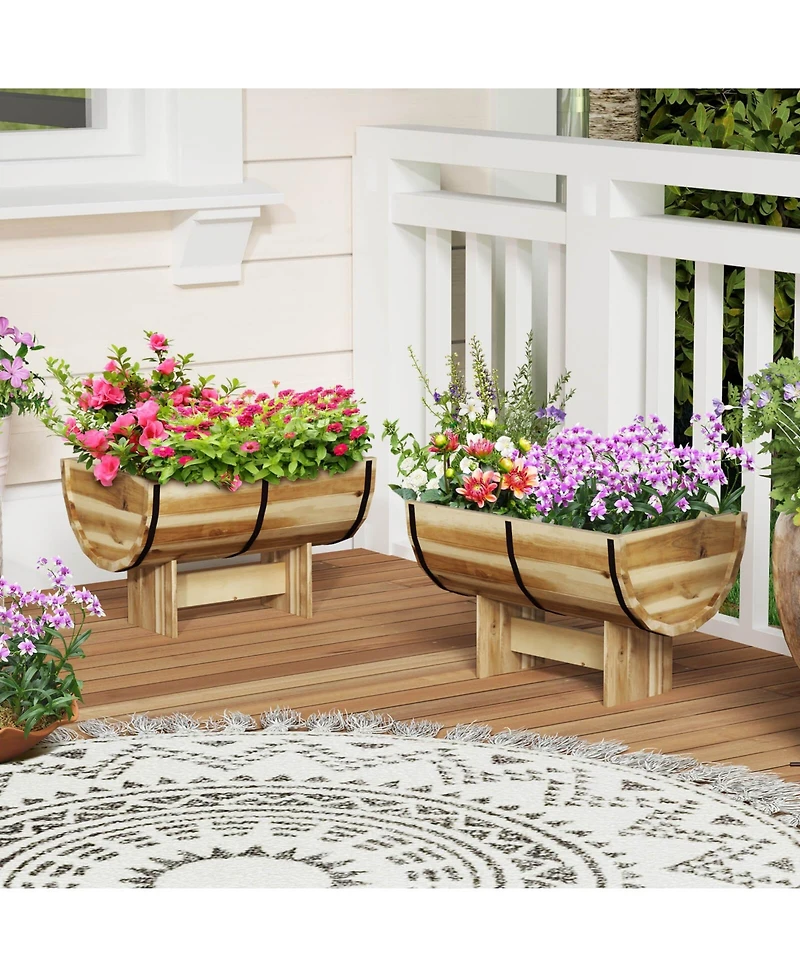 Costway Outdoor Wooden Planter Solid Acacia Wood Half-Barrel Planter Box with Legs