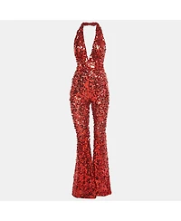 Pre-Owned Dolce & Gabbana Red Sequin Tulle Halter Neck Jumpsuit