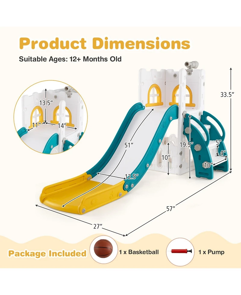 Hongge 6 In 1 L Shaped Toddler Slide With Climber Basketball Hoop Telescope And Storage Area