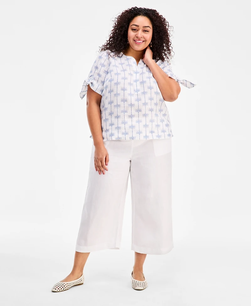 Charter Club Plus Woven Linen King Street Palm Tie-Sleeve Top, Macy's Exclusive