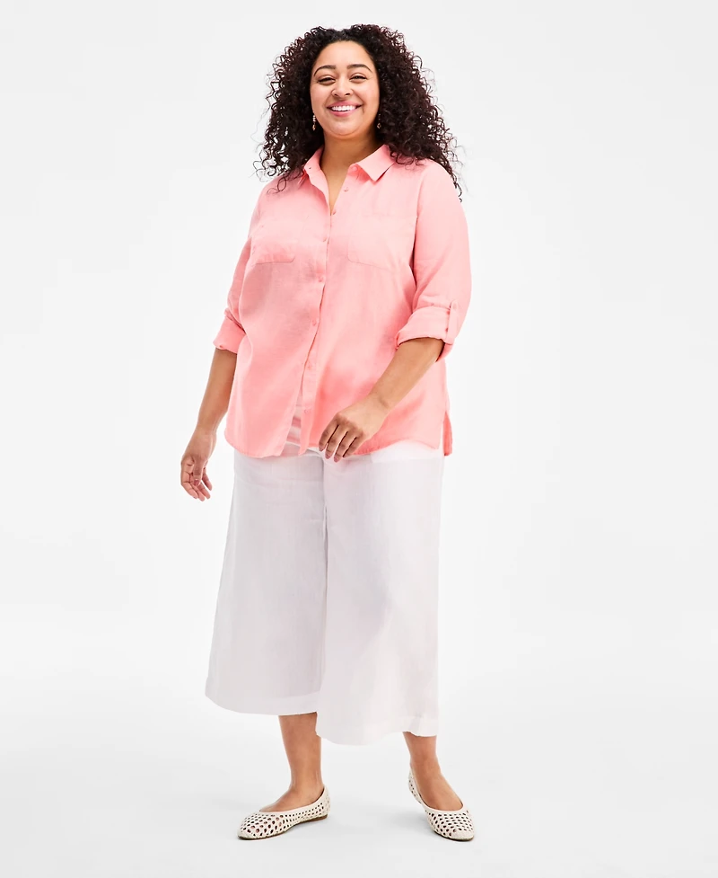 Charter Club Plus 100% Linen Roll-Tab Shirt, Exclusively at Macy's