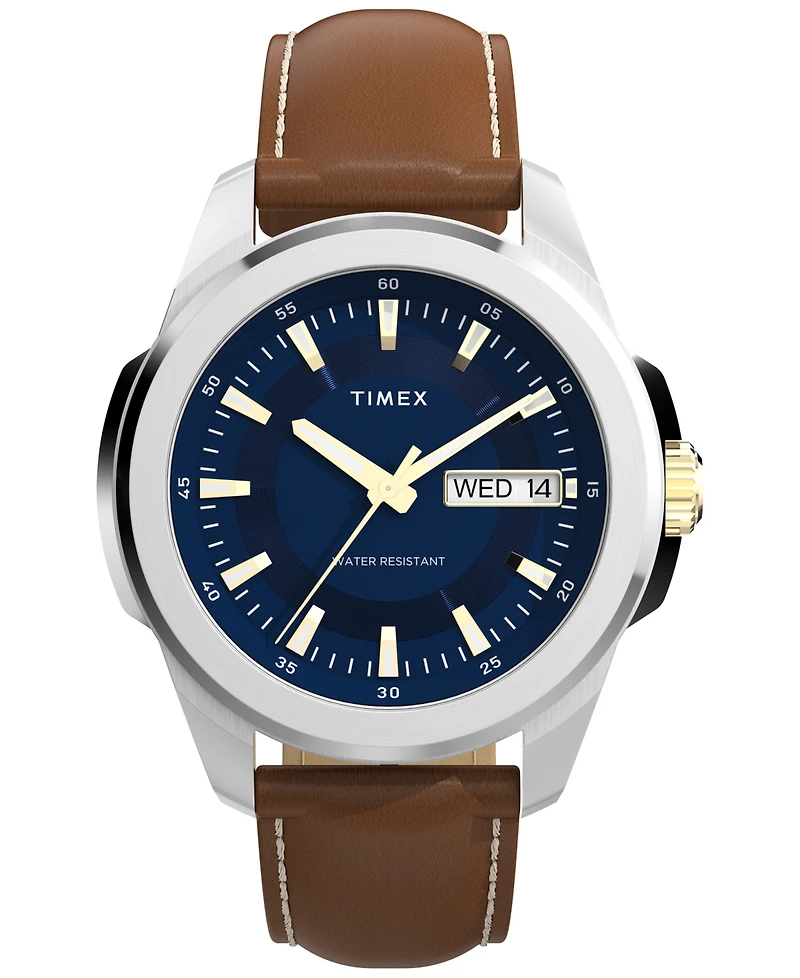 Timex Men's Quartz Analog Brown Leather Watch, 45mm
