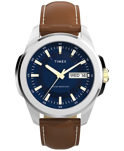 Timex Men's Quartz Analog Brown Leather Watch, 45mm