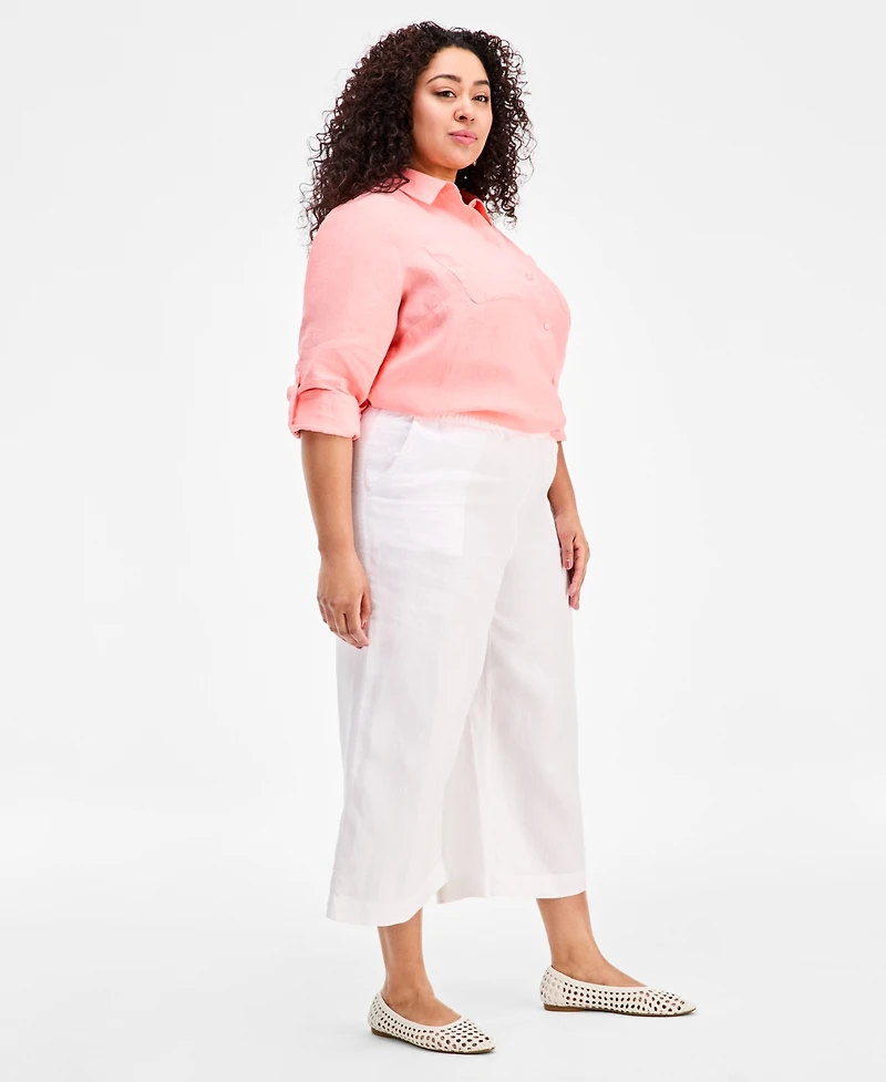 Charter Club Plus Woven Linen Cropped Wide-Leg Pants, Macy's Exclusive