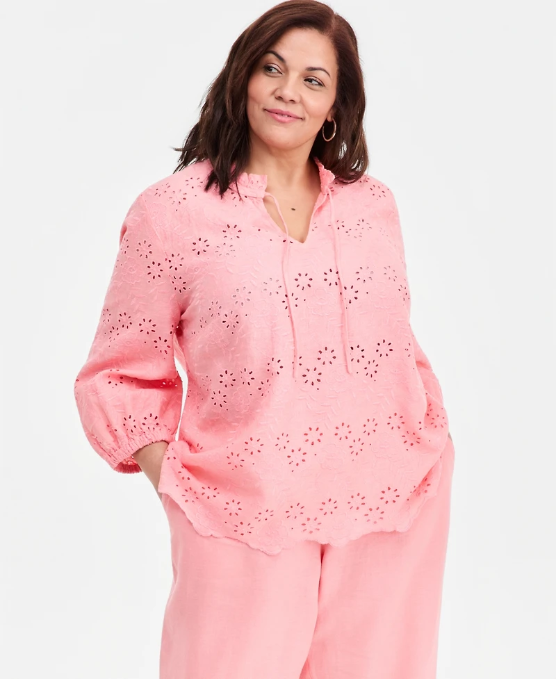 Charter Club Plus 100% Linen Eyelet Tie-Neck Top, Macy's Exclusive