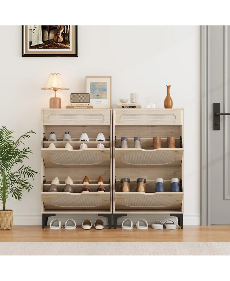 Gaomon Shoe Cabinet, Rattan Shoe Storage With 2 Flip Drawer and 1 Pull-Out Drawer, Heavy Duty Metal Leg