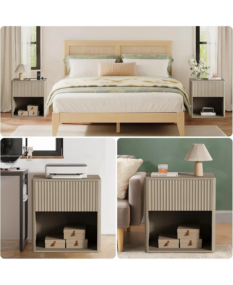 gaomon Fluted Night Stand with Charging Station & Led Lights,Modern Nightstand Set 2,Mid Century Night Stand with Drawers, Grey Oak