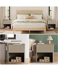 gaomon Fluted Night Stand with Charging Station & Led Lights,Modern Nightstand Set 2,Mid Century Night Stand with Drawers, Grey Oak