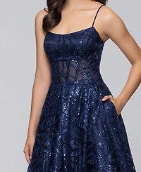 Blondie Nites Juniors' Bow Glitter Pattern Square Neck Ballgown