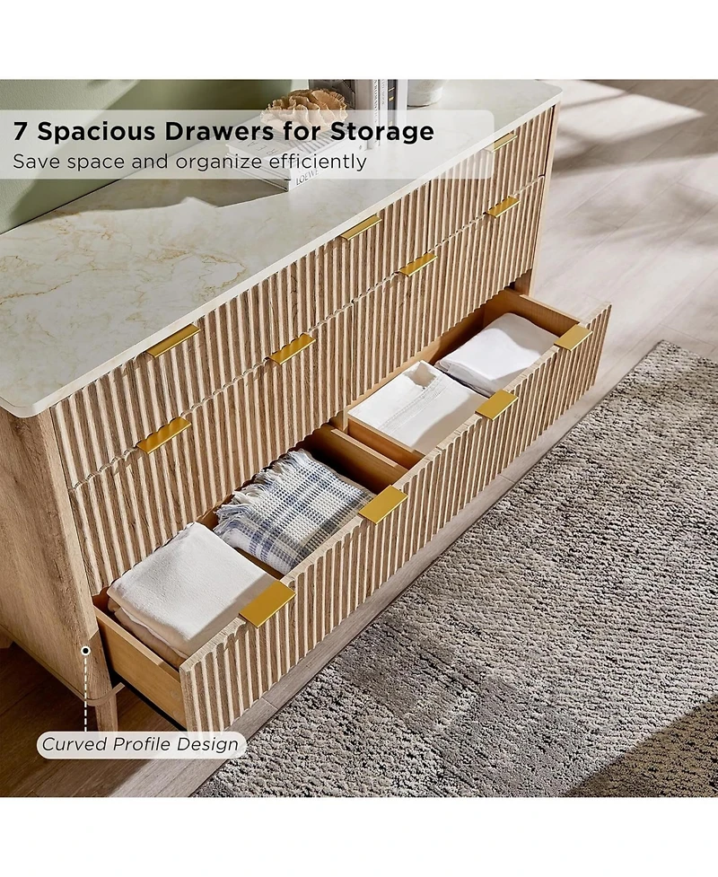 gaomon 54" Wide Modern Fluted 7-Drawer Wood Dresser with Faux Marble Top, Tv Stand and Drawer Organizer