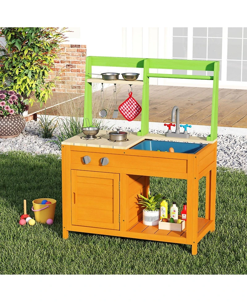 Hongge Wooden Outdoor Mud Kitchen Playset With Sink Stove And Accessories For Kids