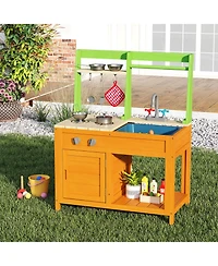 Hongge Wooden Outdoor Mud Kitchen Playset With Sink Stove And Accessories For Kids