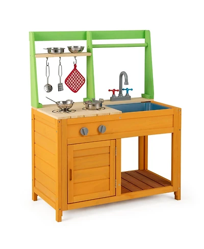 Hongge Wooden Outdoor Mud Kitchen Playset With Sink Stove And Accessories For Kids