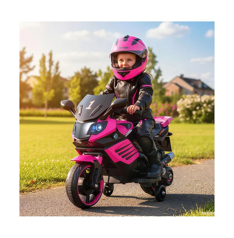 Hongge 6V Kids Motorcycle with Headlights Music and Training Wheels