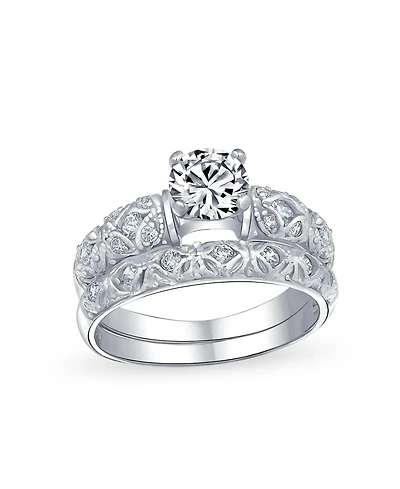 Bling Jewelry European Style 1CT Round Cz Cubic Zirconia Solitaire Promise Ring Set with Filigree Band in Sterling Silver