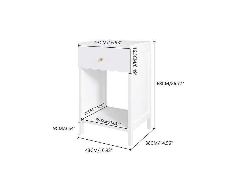 sumyeg Minimalist Scalloped Edge Nightstand with Drawer and Open Shelf in White