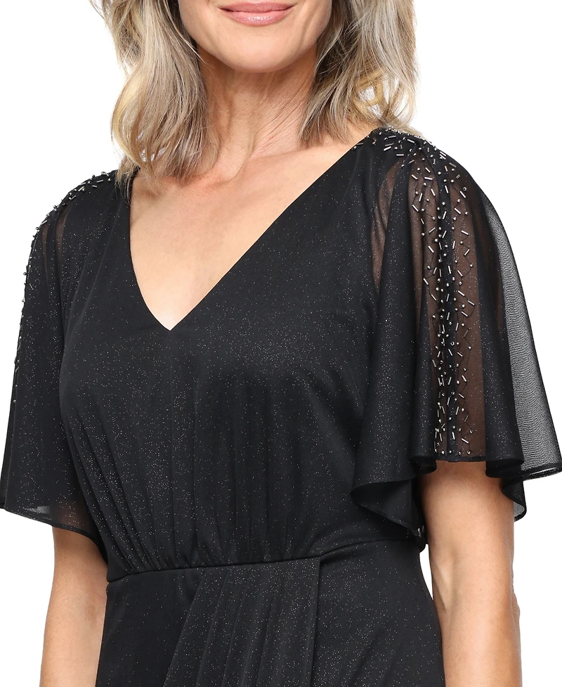 Sl Fashions Women's Glittered Front-Slit V-Neck Long Dress