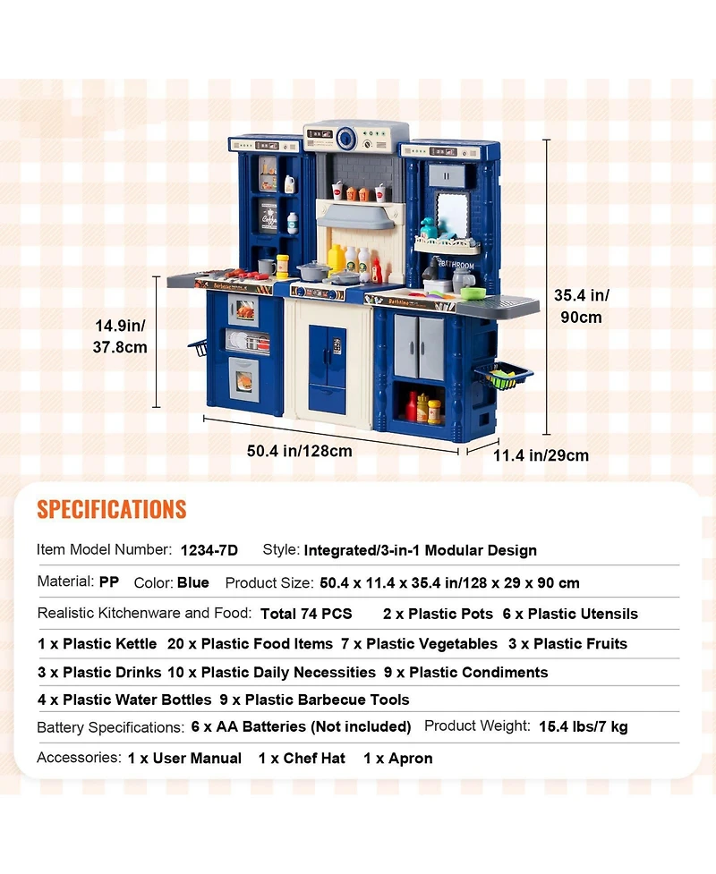 Mecale Kids Kitchen Playset, 3-in-1 Kitchen with Spray, Lights & Sounds, 74 Pcs Cooking Accessories, Pretend Play Set for Kids 3–8, Blue