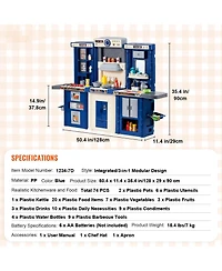 Mecale Kids Kitchen Playset, 3-in-1 Kitchen with Spray, Lights & Sounds, 74 Pcs Cooking Accessories, Pretend Play Set for Kids 3–8, Blue