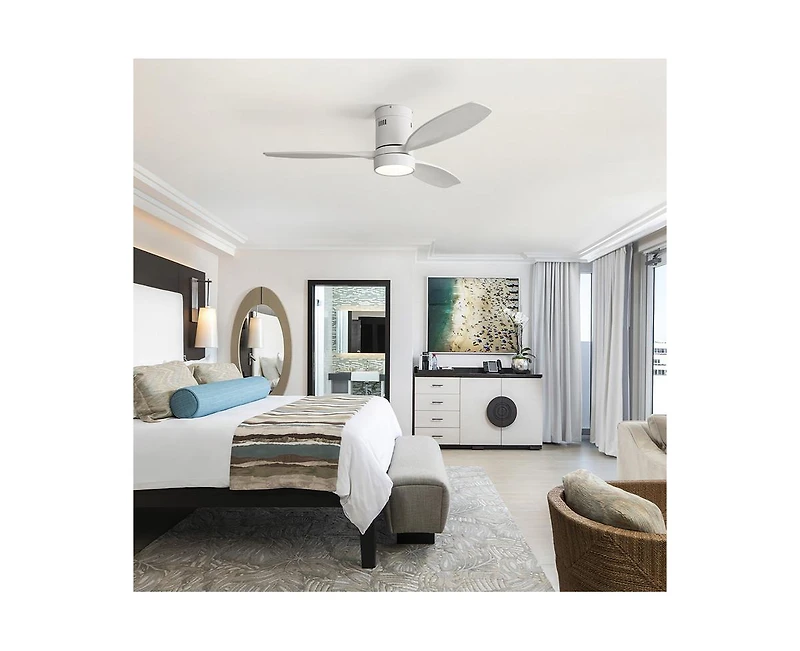 Sofucor 52-inch Classic White 3-Blade Flush Mount Light Ceiling Fan with Remote Control and Supporting Mobile Device Connection
