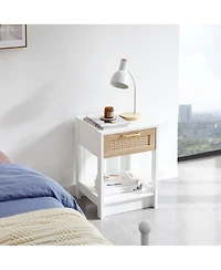 sumyeg Modern Rattan End Table with Drawer Nightstand Side
