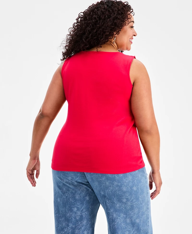 Style & Co Plus Solid-Color Scalloped V-Neck Tank Top, Exclusively at Macy's