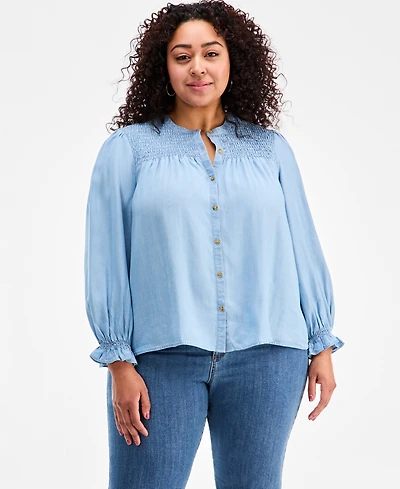Style & Co Plus Smocked-Yoke Cotton Chambray Blouse, Macy's Exclusive