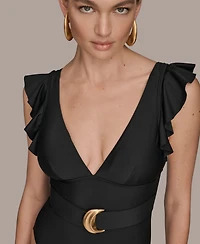 Donna Karan Women's Belted Flutter-Sleeve One-Piece Swimsuit