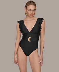 Donna Karan Women's Belted Flutter-Sleeve One-Piece Swimsuit