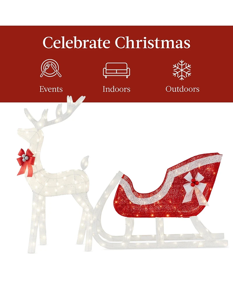 Best Choice Products Lighted Christmas 4ft Reindeer & Sleigh Outdoor Yard Decoration Set w/ 205 Led Lights, Stakes 
