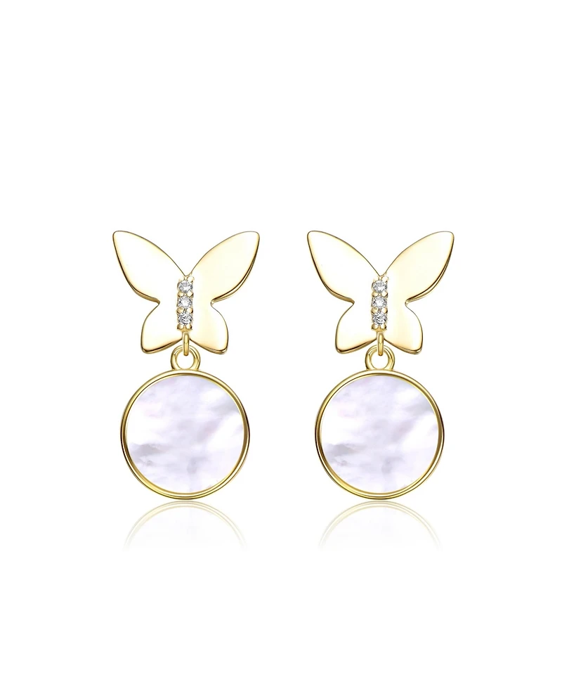 Rachel Glauber 14K Gold Plated with White Mother Of Pearl Circle & Butterfly Drops Earrings