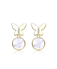 Rachel Glauber 14K Gold Plated with White Mother Of Pearl Circle & Butterfly Drops Earrings
