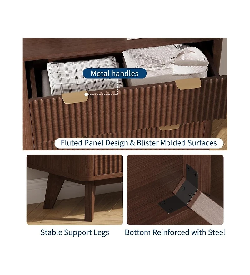 gaomon 32" Width Modern Nightstands, Fluted Nightstand with Faux Marble Top, 3 Drawer Bedside Table, Large Nightstand for Bedroom