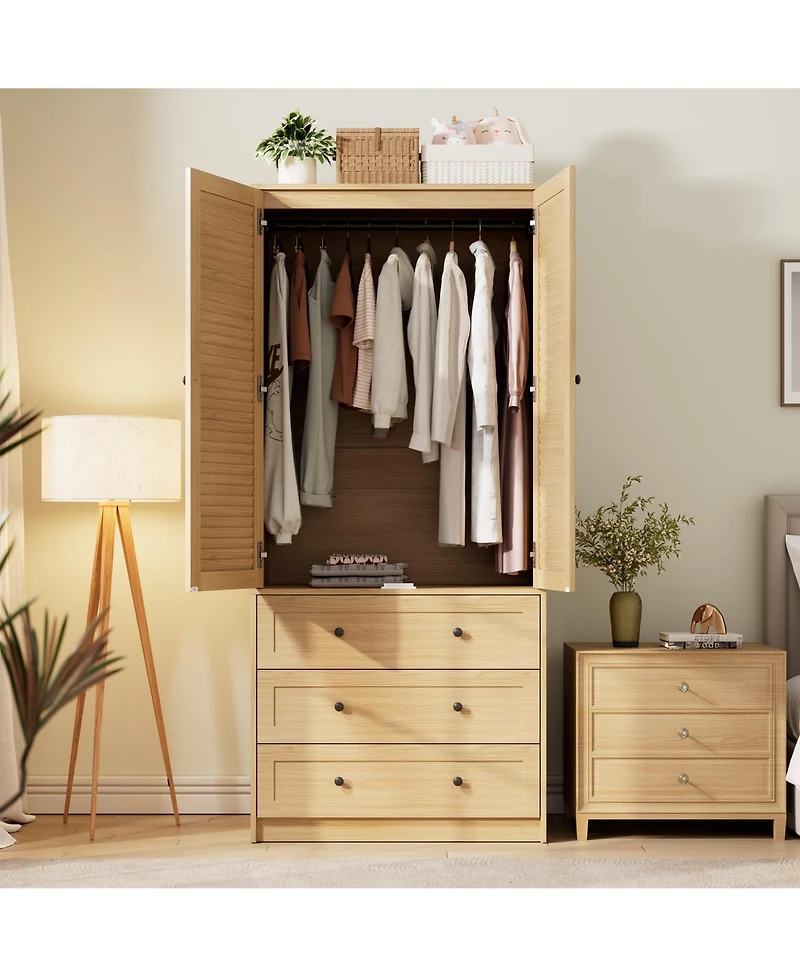 gaomon Armoire Wardrobe Closet with Drawers, 69.5" Wooden Wardrobe Cabinet with Hanging Rod, 2 Doors Clothing Storage Cabinet