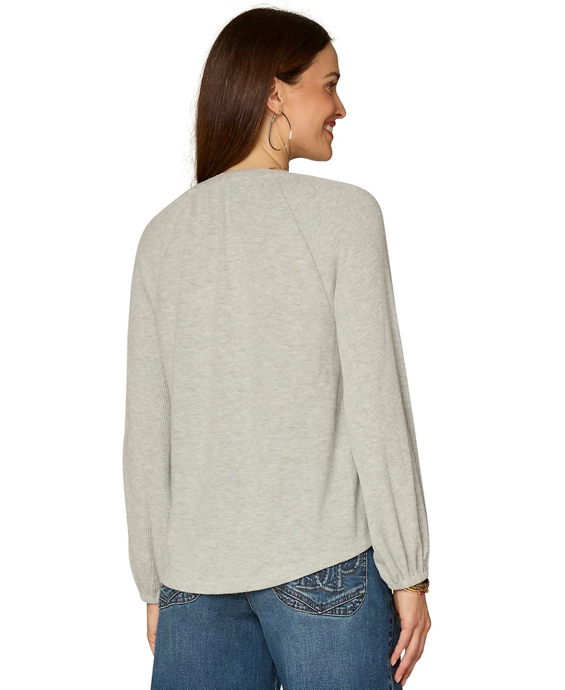 Democracy Petite Shirt Tail Knit Novelty Smocking Top