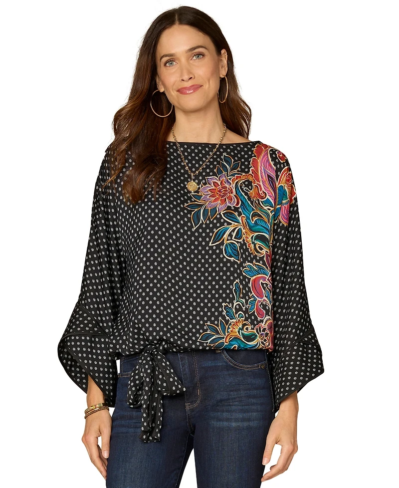 Democracy Petite Boat Neck Dolman-Sleeve Printed Top