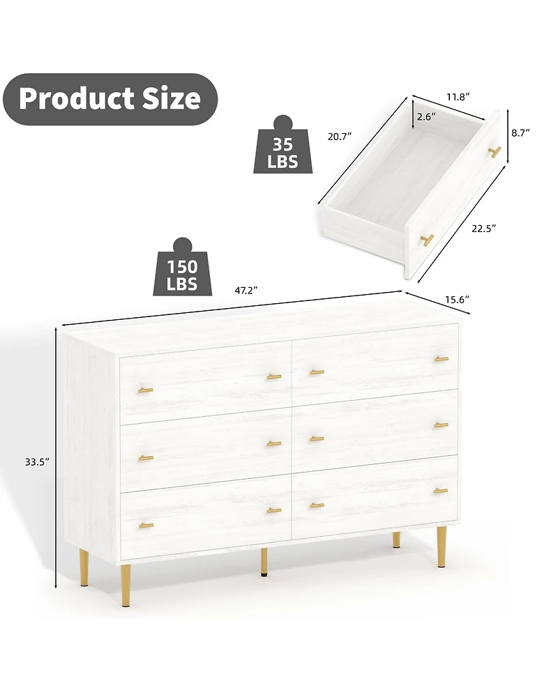 Gaomon 6 Drawers Dresser for Bedroom,47.2" Wide Wood Rustic Chest of Drawers with Bar Handles,Vintage Design,Storage Dressers