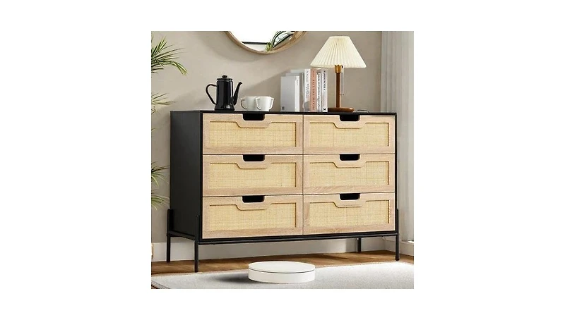 Gaomon 6-Drawer Rattan Dresser, Natural Woven Fronts with Solid Metal Legs