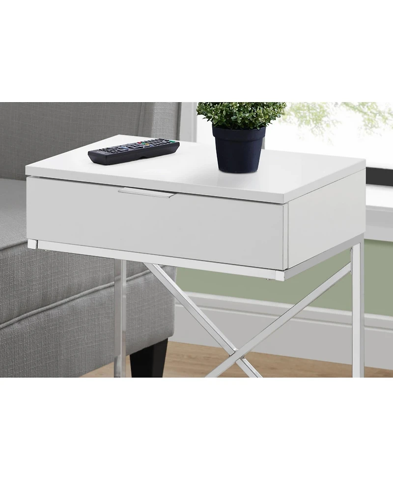Accent Table, Side, End, Nightstand, Lamp, Storage Drawer, Living Room, Bedroom, Glossy White Laminate, Chrome Metal, Contemporary, Modern